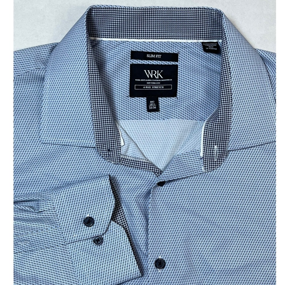 WRK Mens Big 18.5 3536 Slim Fit Blue Geometric Print Dress Shirt Stretch